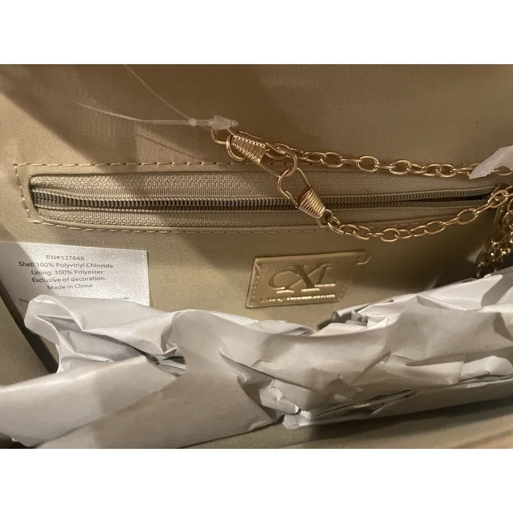 CXL Glam Caviar Clutch‎ Gold Detachable Chain Shoulder Bag New
